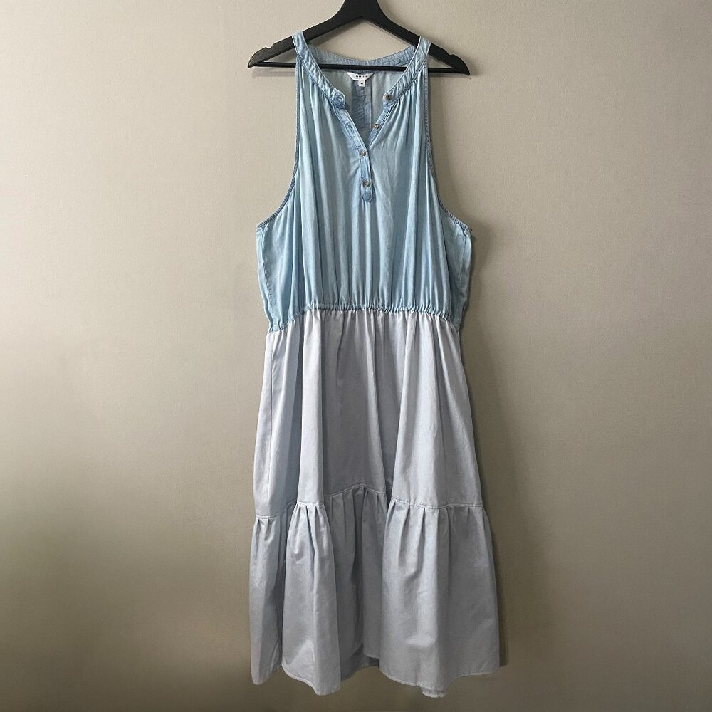 Refashioned Plus Size Upcycled Cotton Blue Button Front Halterneck Dress